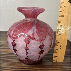 Le Verre Français Schneider Art Glass Vase Signed Cameo Berry Design Pink Red